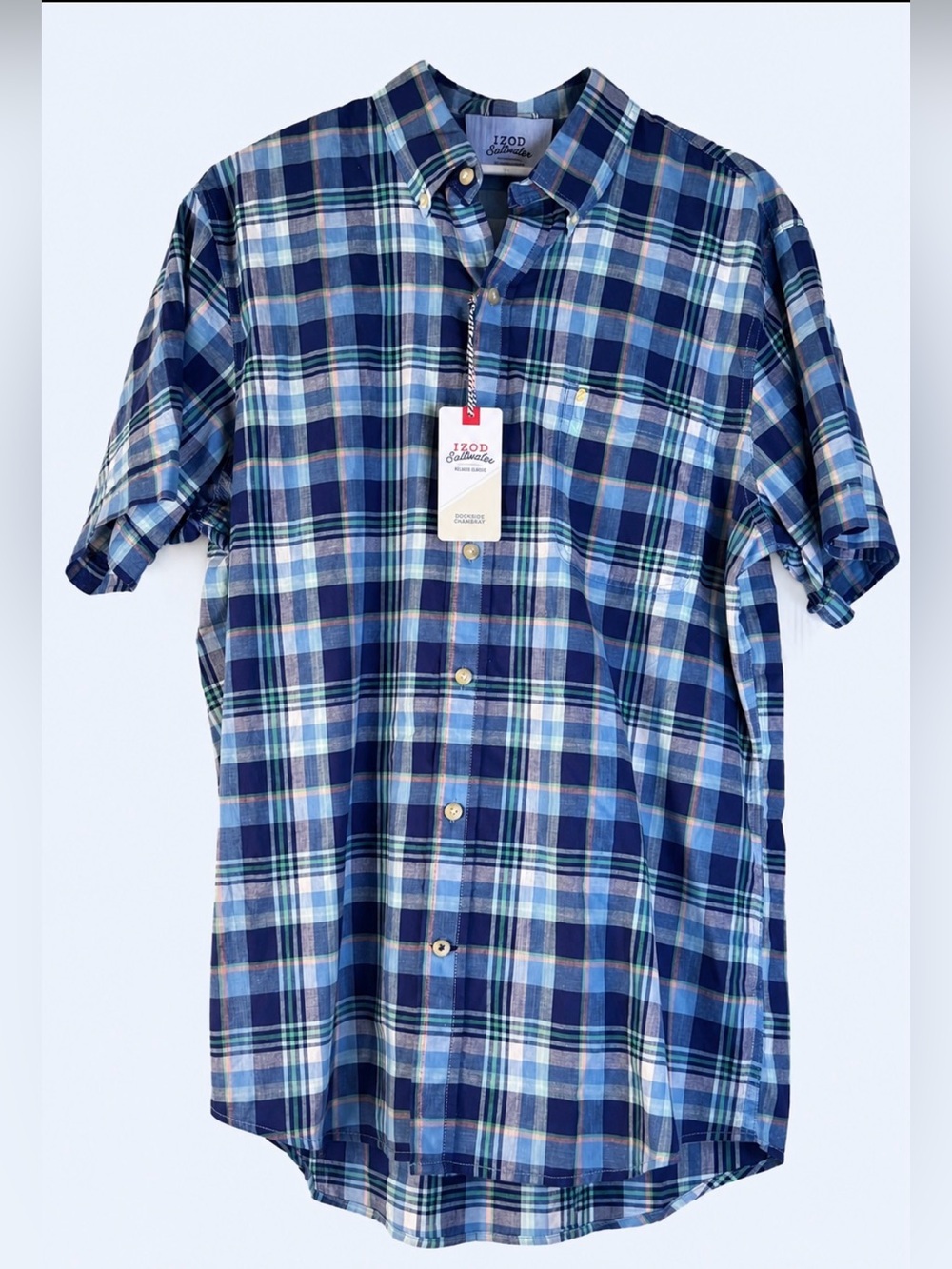 NWT IZOD Saltwater Dockside Chambray Shirt Men’s L Blue Plaid Short Sleeve